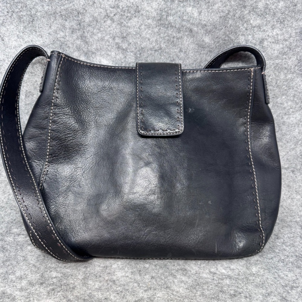 Vtg Fossil black Leather Shoulder Bag Whipstitch Purse Minimalist Basic Satchel